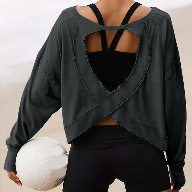 Women's Loose Long Sleeve Backless Top Hollow Out Dark Gray - Shop at LoveMi