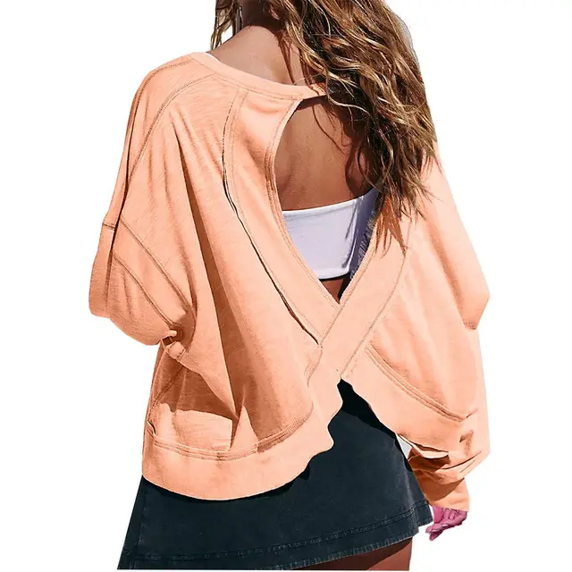 Women's Loose Long Sleeve Backless Top Hollow Out Orange Red - Shop at LoveMi