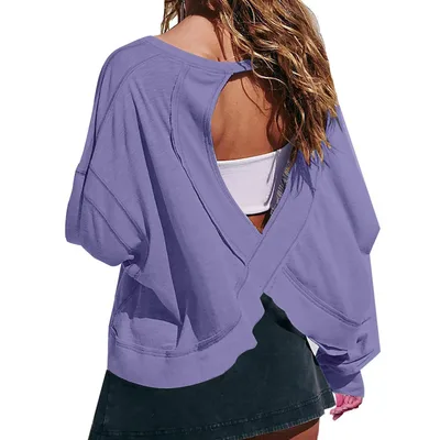 Women's Loose Long Sleeve Backless Top Hollow Out Purple - Shop at LoveMi
