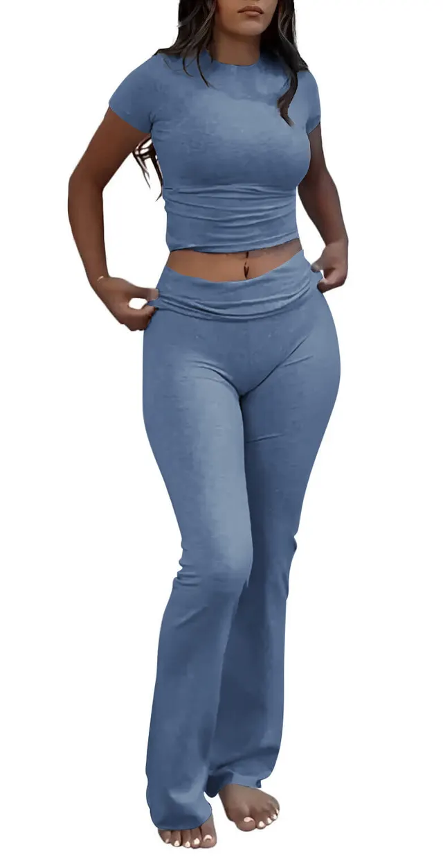 Casual Workout Round Neck Top Low Waist Bell bottom Pants Sportswear Suit Haze Blue - Shop at LoveMi