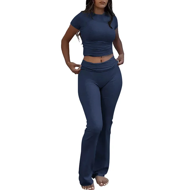 Casual Workout Round Neck Top Low Waist Bell bottom Pants Sportswear Suit Navy Blue - Shop at LoveMi