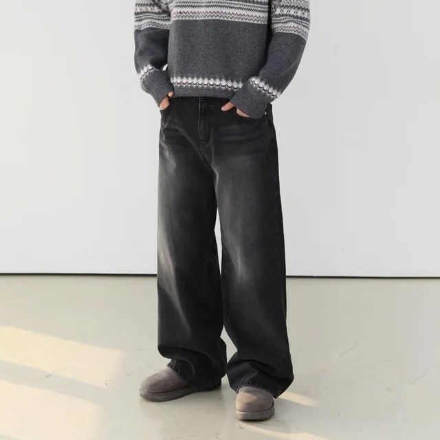 Retro Washed Jeans Men's Loose Straight Wide leg Pants Black - Shop at LoveMi