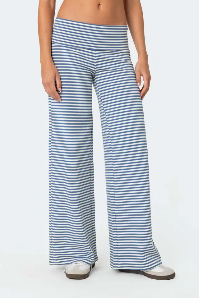 Cropped Striped Loose Trousers Autumn Sports Style Draped Casual Pants Blue - Shop at LoveMi