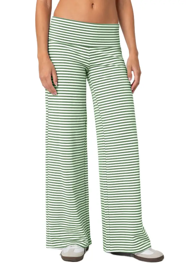 Cropped Striped Loose Trousers Autumn Sports Style Draped Casual Pants Green - Shop at LoveMi
