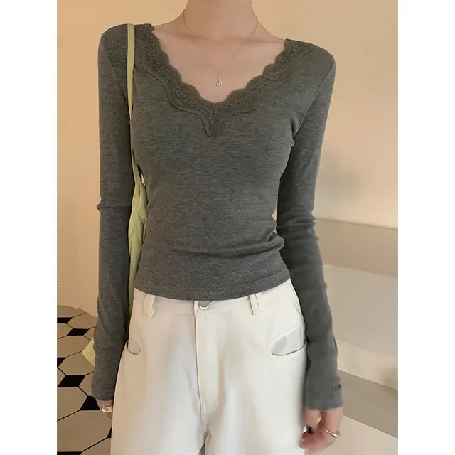 Sweet And Spicy Slim Fit Slimming And Short V neck Long Sleeve Top Gray - Shop at LoveMi