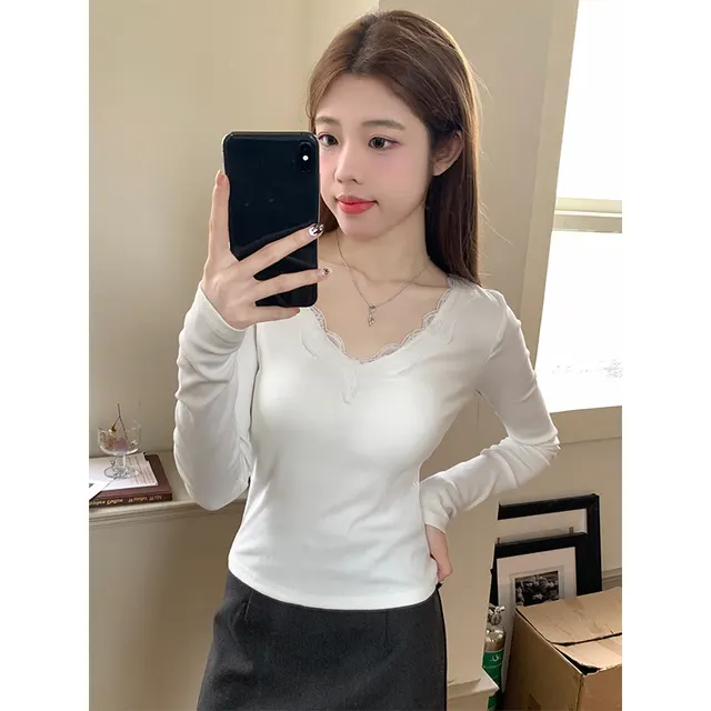 Sweet And Spicy Slim Fit Slimming And Short V neck Long Sleeve Top White - Shop at LoveMi