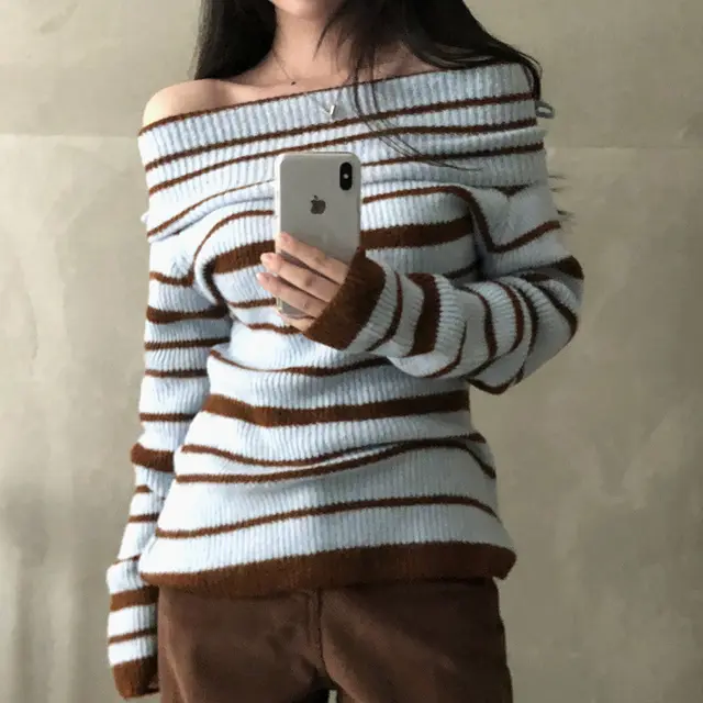 Design Contrast Color Striped Fashionable Bow Lapel Off shoulder Slim Fit Sweater Blue - Shop at LoveMi