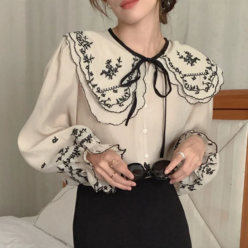 Large Lapel Single breasted Loose Bell Sleeve Shirt Apricot - Shop at LoveMi