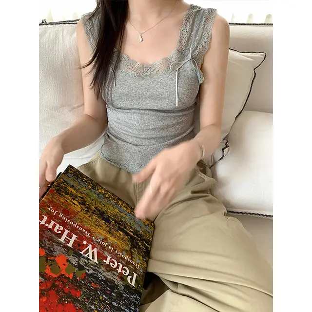 Sweet And Spicy Lace Stitching Floral Slim fitting Suspenders Vest Gray - Shop at LoveMi
