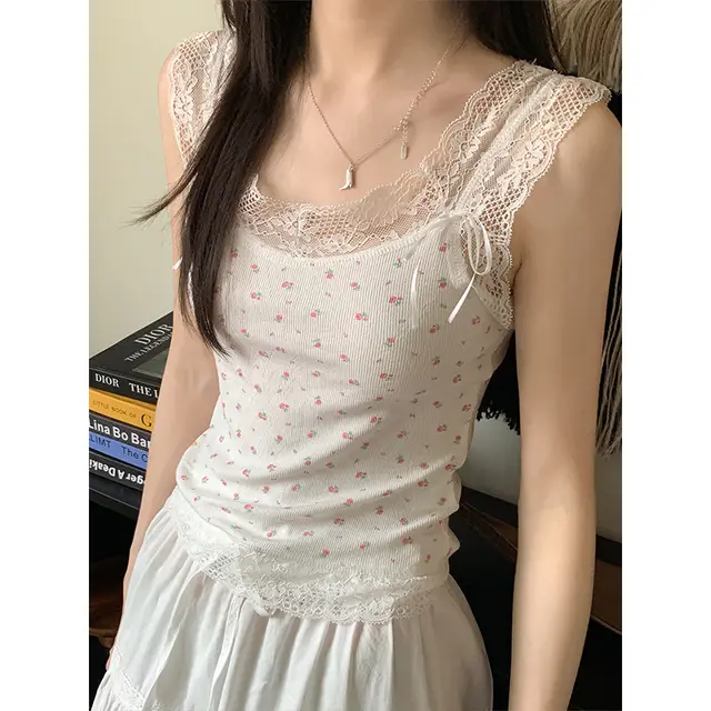 Sweet And Spicy Lace Stitching Floral Slim fitting Suspenders Vest White Pink Flower - Shop at LoveMi