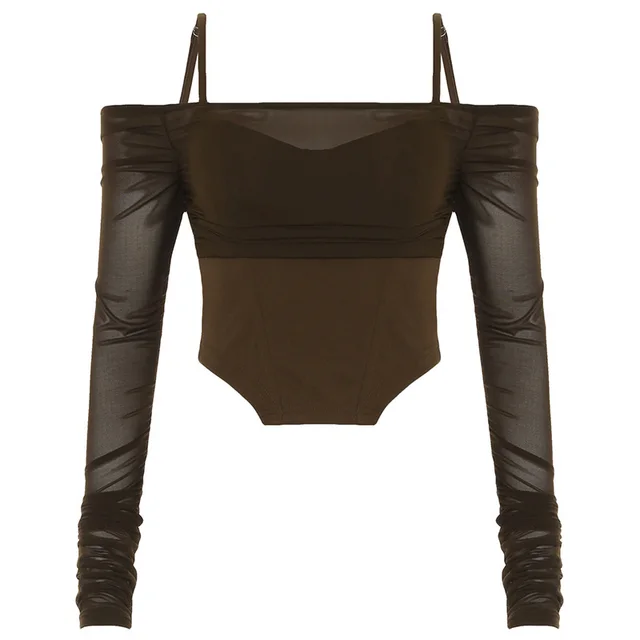 Mesh See through Off neck Braces Long Sleeve Irregular Cinched Waist Slim fit Top T shirt For Women Brown - Shop at LoveMi