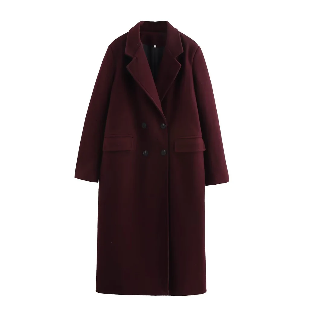 Elegant Slim Lapel Long-sleeved Overcoat Jacket - Dark Red