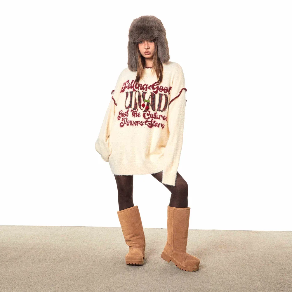 Christmas Sweater Retro Embroidered Crew Neck Sweater Apricot - Shop at LoveMi