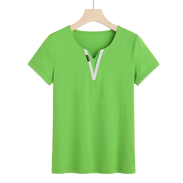 Early Spring And Summer Short sleeved Undershirt V neck Patchwork Fashion Green - Shop at LoveMi