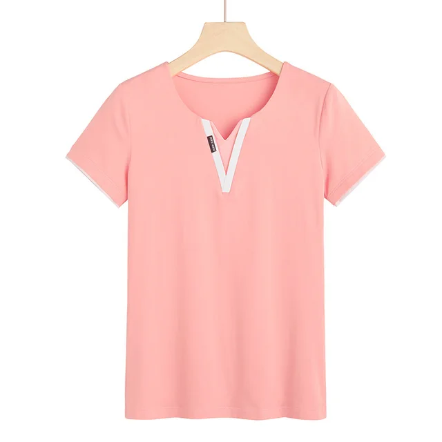 Early Spring And Summer Short sleeved Undershirt V neck Patchwork Fashion Pink - Shop at LoveMi