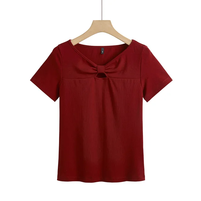 Women's Korean style Slim fit Cotton Short sleeved Hollow out Chest Bow Wine Red - Shop at LoveMi