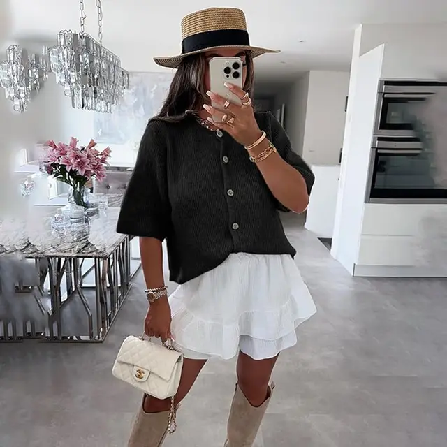 Solid Color Half open Collar Button Sweaters Women's Clothing Women's Casual Cardigan Black - Shop at LoveMi