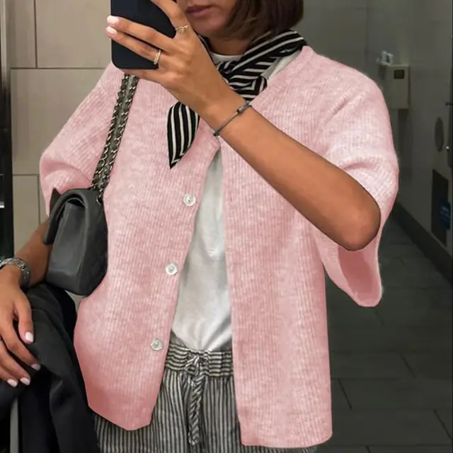 Solid Color Half open Collar Button Sweaters Women's Clothing Women's Casual Cardigan Light Pink - Shop at LoveMi