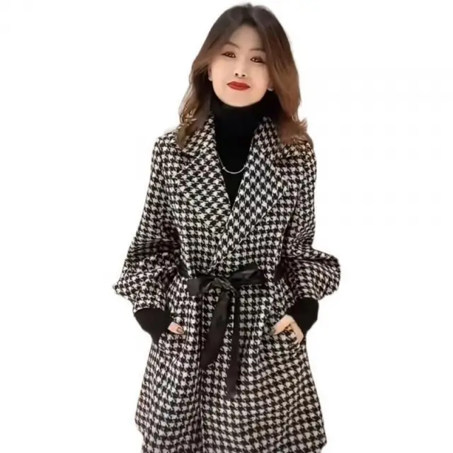 High grade Woolen Mid length Coat Women's Clothing 7191Houndstooth - Shop at LoveMi
