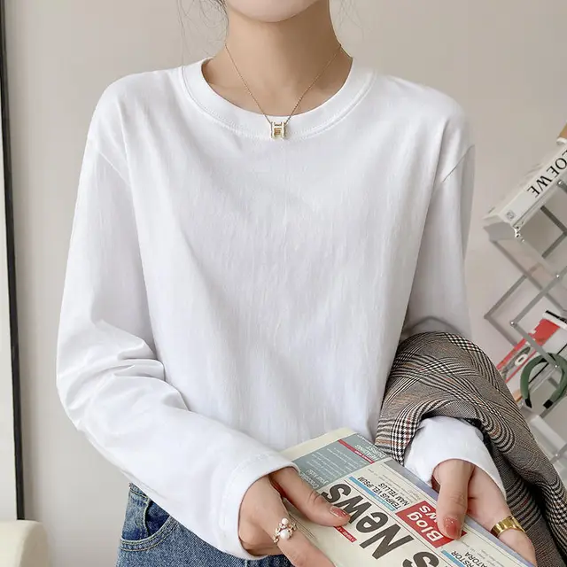 Heavy Cotton Long sleeved T shirt Solid Color White Round Neck White Long Sleeve 220G - Shop at LoveMi