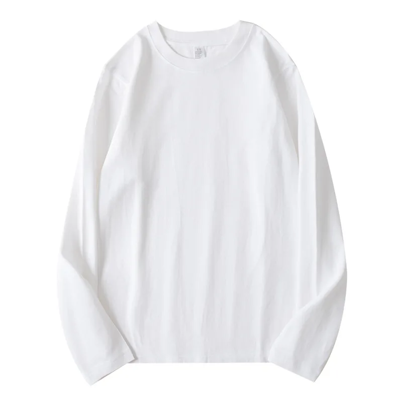 Heavy Cotton Long-sleeved T-shirt Solid Colour White Round Neck - White Long Sleeve 250G