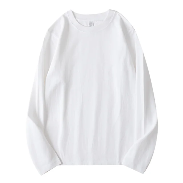 Heavy Cotton Long sleeved T shirt Solid Color White Round Neck White Long Sleeve 250G - Shop at LoveMi