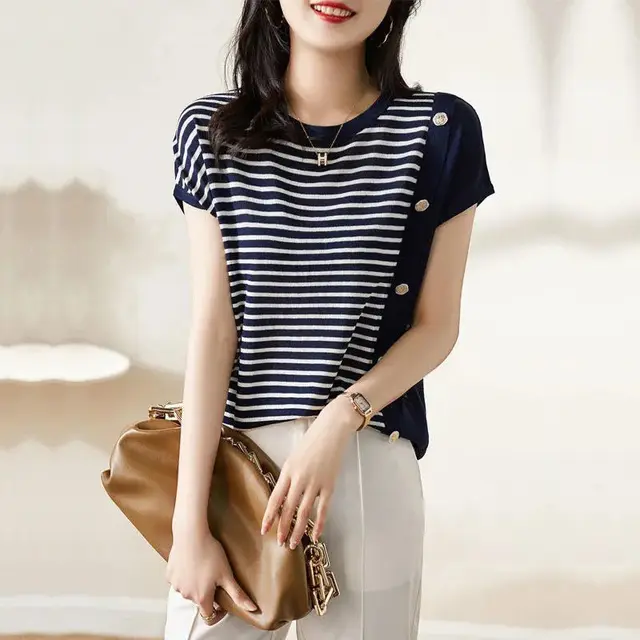 Round Neck Black And White Striped T shirt For Women Navy Blue - Shop at LoveMi