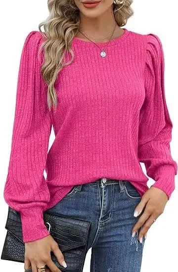 Rib Fabric Round Neck Bubble Shoulder Long Sleeve T shirt Top Rose Red - Shop at LoveMi
