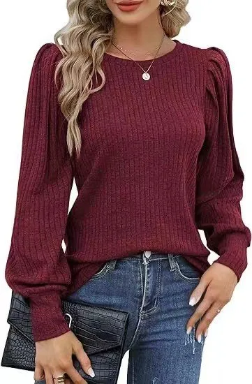Rib Fabric Round Neck Bubble Shoulder Long Sleeve T shirt Top Wine Red - Shop at LoveMi