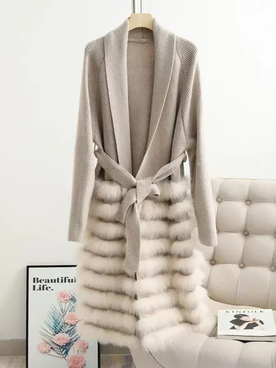 Real Fox Fur Casual Loose Sweater Lace up Women Apricot - Shop at LoveMi