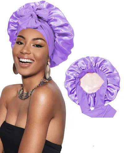 Double layer Ribbon Round Cap Bow Hair Care Wide brimmed Hat Medium Light Purple - Shop at LoveMi