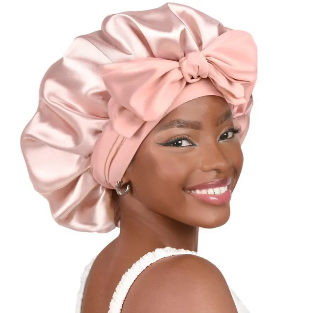 Double layer Ribbon Round Cap Bow Hair Care Wide brimmed Hat Medium Rose Pink - Shop at LoveMi