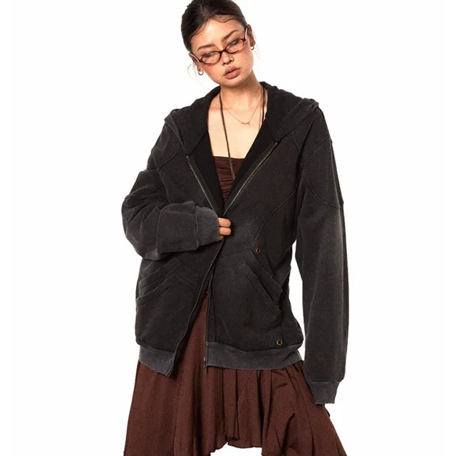 American Retro Washed Distressed Hooded Solid Color Hoodie Black - Shop at LoveMi