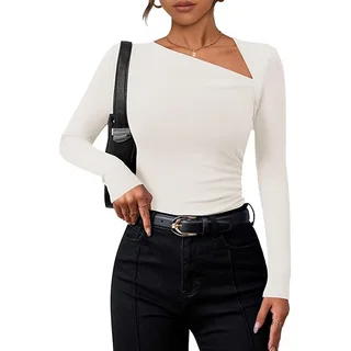 Women's Long-sleeved Diagonal Collar T-shirt - White