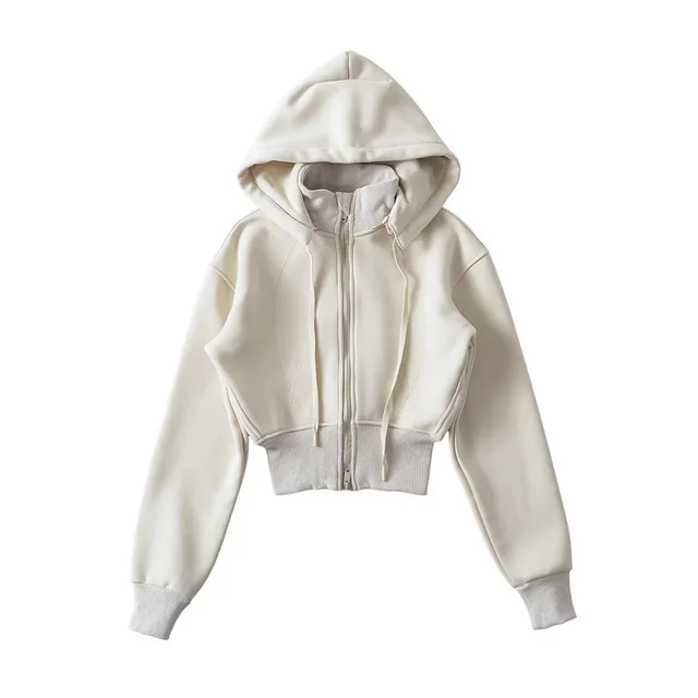 European And American Style Fleece lined Waist Stand Collar Detachable Hooded Zipper Sweatshirt Apricot - Shop at LoveMi