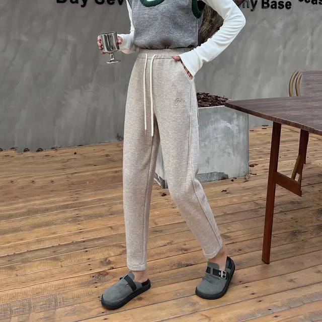 Fleece lined Thick Casual Pants Women's Antelope Velvet High Waist Oatmeal Color - Shop at LoveMi