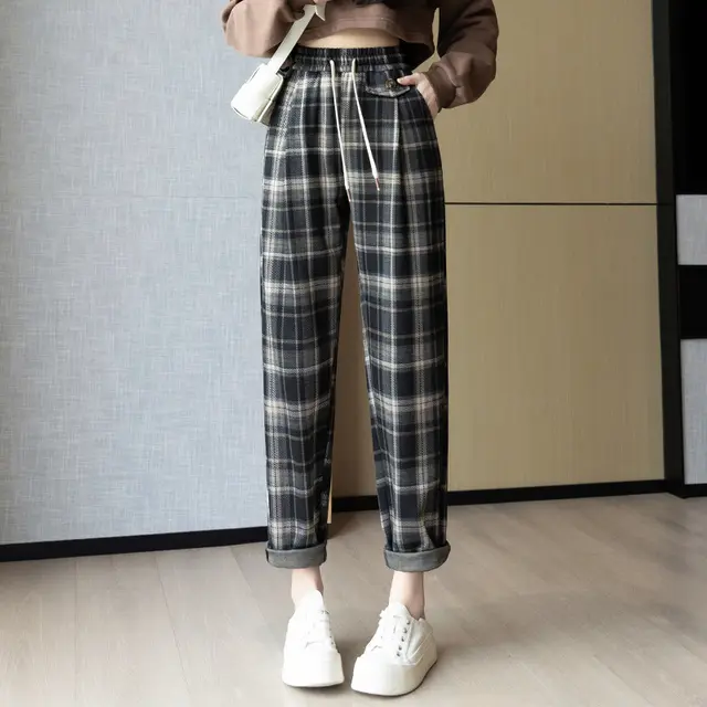 Leisure Harem Pants High Waist Elastic Stretch Black Plaid - Shop at LoveMi