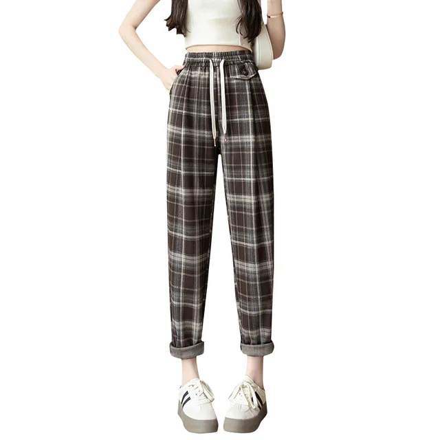 Leisure Harem Pants High Waist Elastic Stretch Coffee Grid - Shop at LoveMi