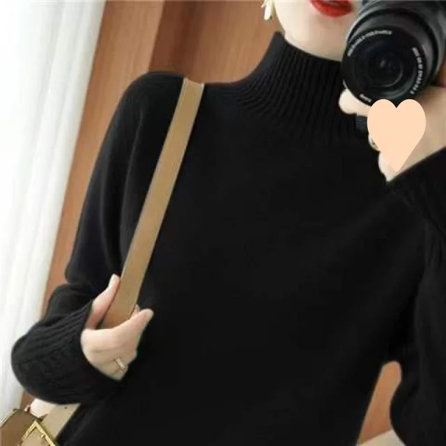 Autumn And Winter New Trendy Semi high Collar Sweater Women's Solid Color Knitted Bottoming Shirt Black - Shop at LoveMi