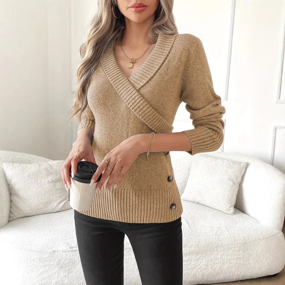 Pullover Button Elegant Knitted Sweaters Women's Clothing Khaki - Shop at LoveMi