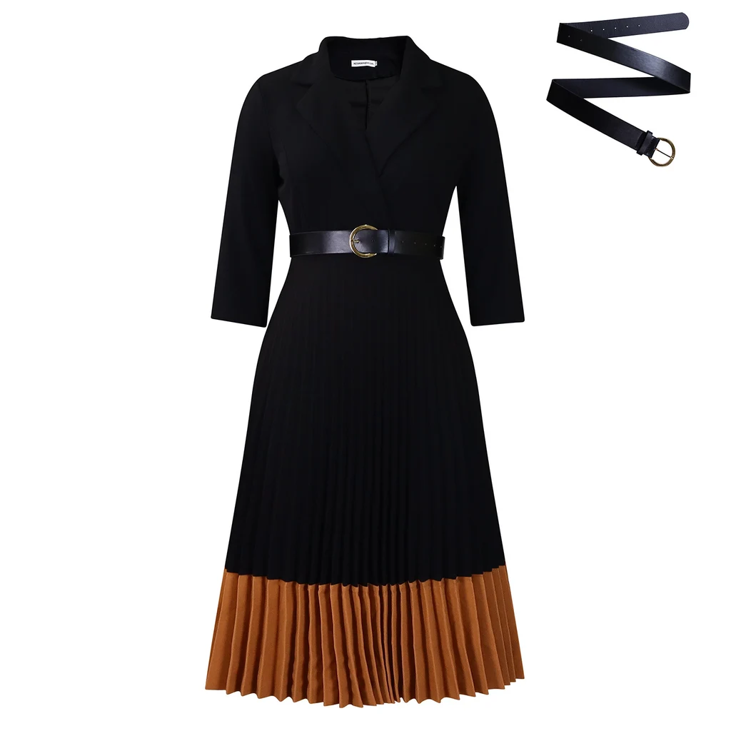 Suit Collar Fashion Elegant Pleated African Dress - Black With Belt