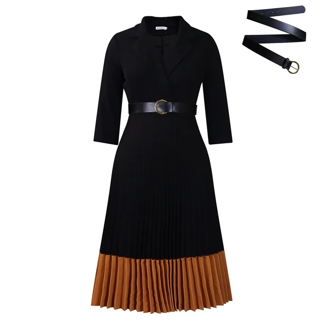 Suit Collar Fashion Elegant Pleated African Dress Black With Belt - Shop at LoveMi