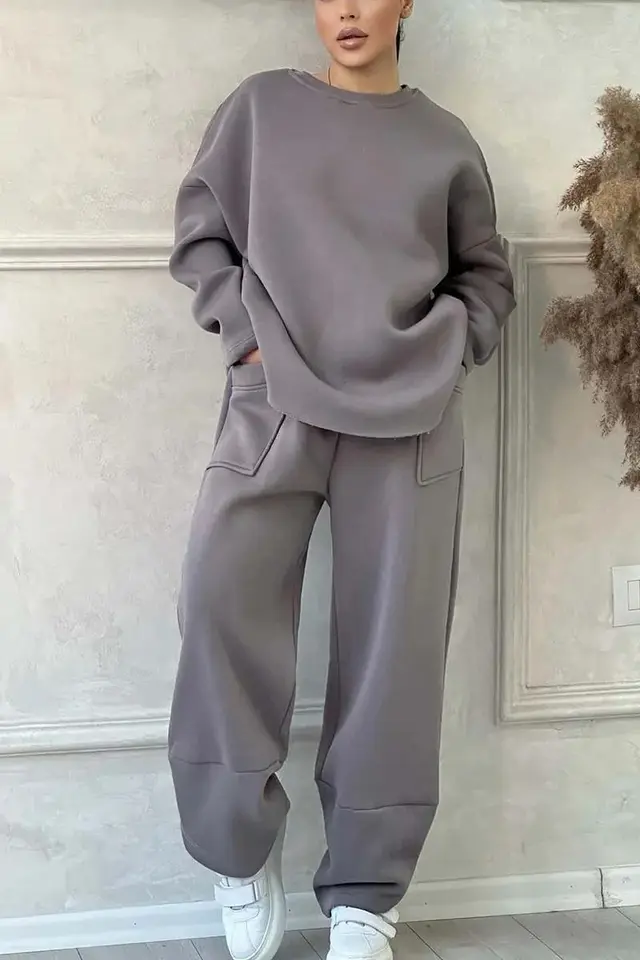 Women's Autumn And Winter Casual Loose Round Neck Long sleeved Sweater Trousers Suit Gray - Shop at LoveMi