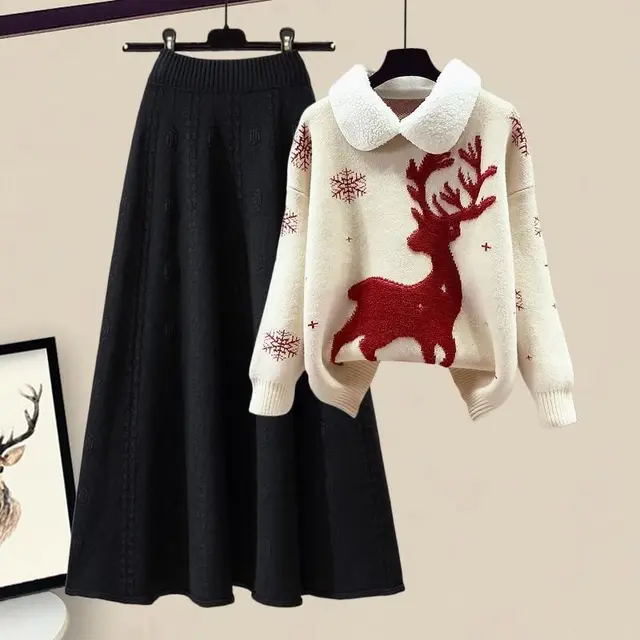 Slimming All matching Knitted Sweater Skirt Two piece Set White Suit 2 - Shop at LoveMi