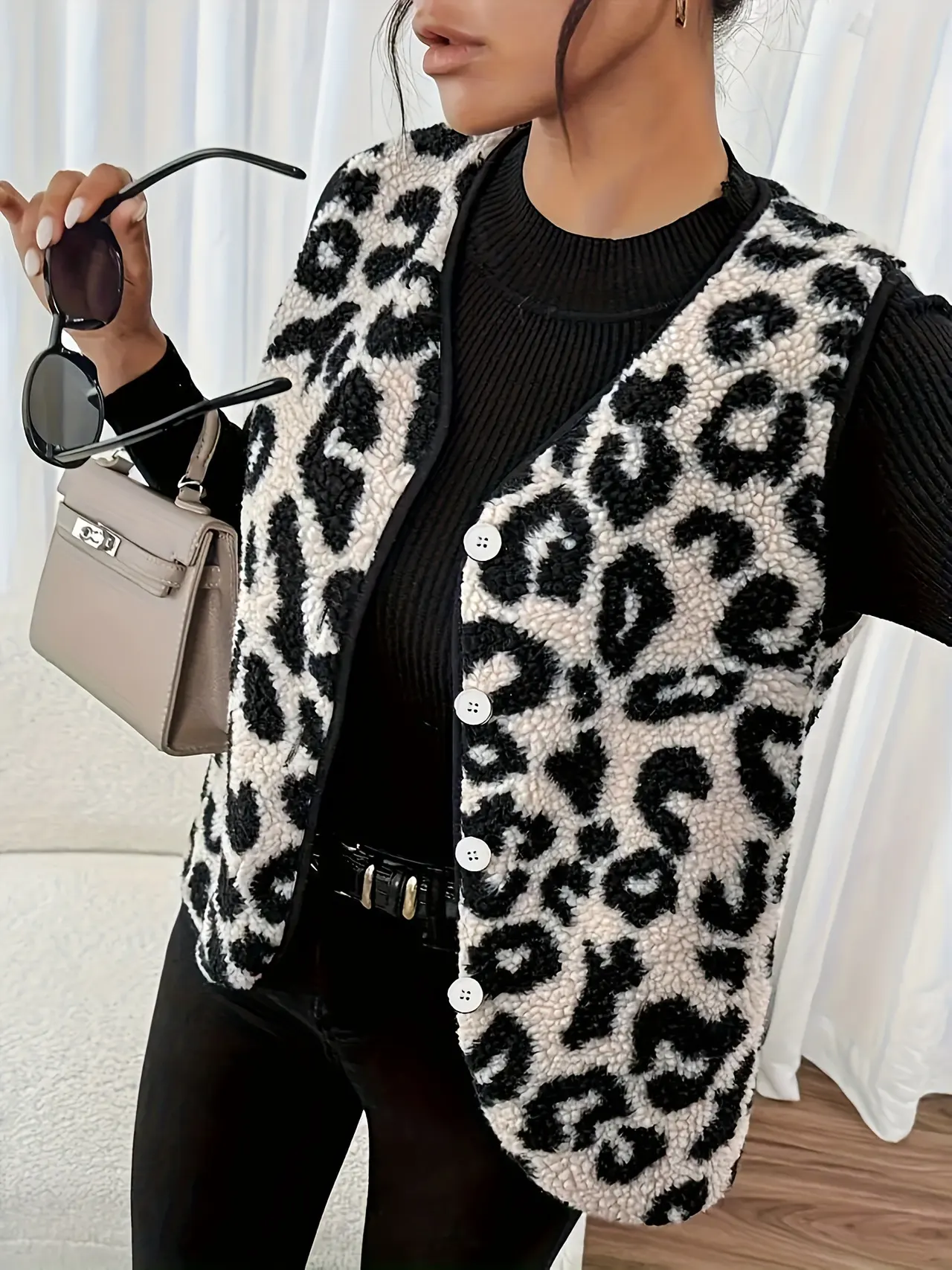 Women's Leopard Print Winter Mid-length Imitation Fur Vest Jacket - Color - View 1