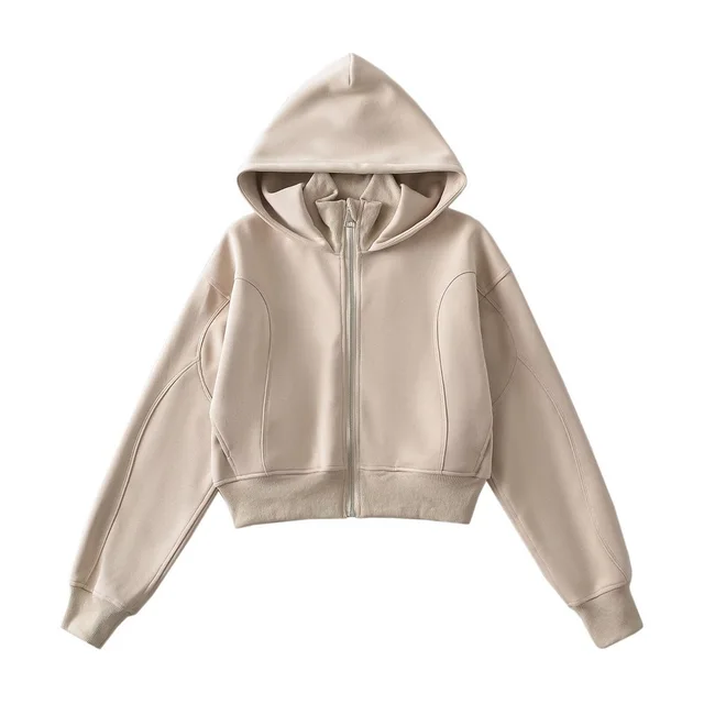 American Short Zipper Sweater Slim Fit Sports Hoodie Apricot - Shop at LoveMi