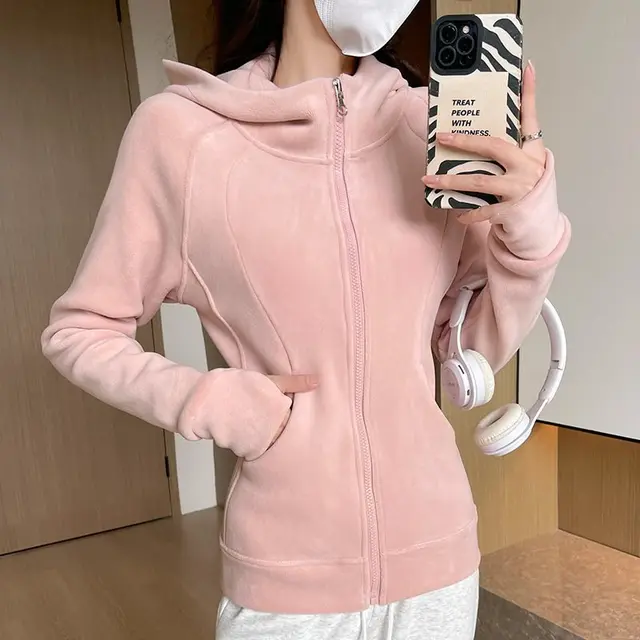 Fleece lined Stand Collar Sweater Polar Fleece Yoga Clothes Pink - Shop at LoveMi