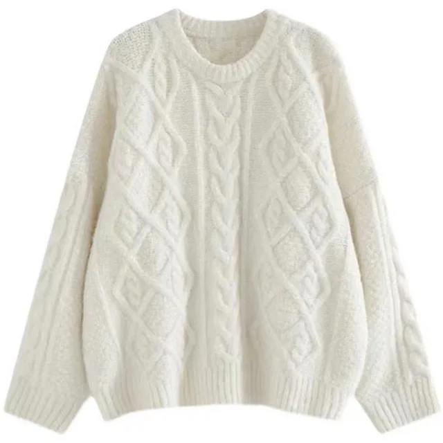 Round Neck Loose Pullover Idle Style Outerwear Cable knit Sweater Women Beige - Shop at LoveMi