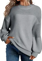 Solid Color Lantern Sleeve Pullover Round Neck Sweater - Gray