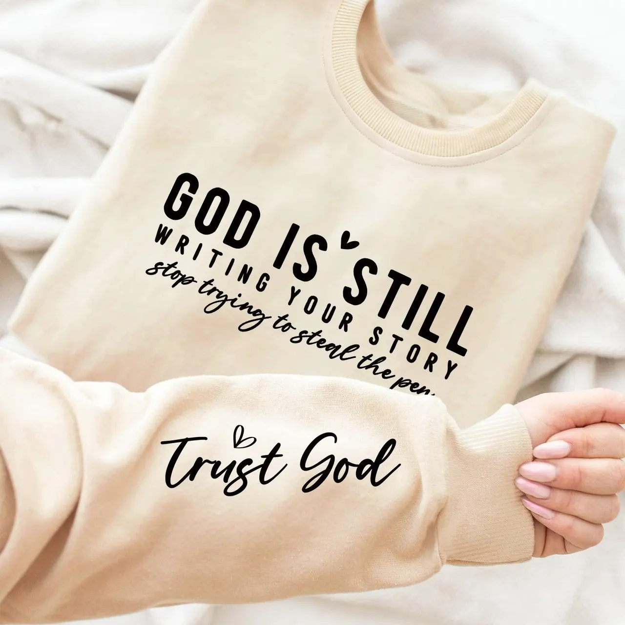 Vibrant Letter Print Crew Neck Sweatshirt Soft - Apricot